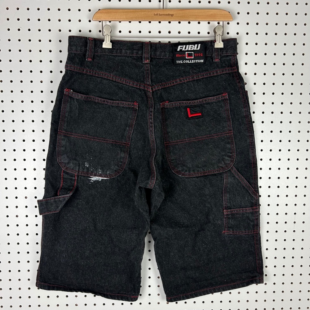 FUBU The Collection Sz 34 Vintage Black Denim Carpenter Shorts Red Stitched Goth